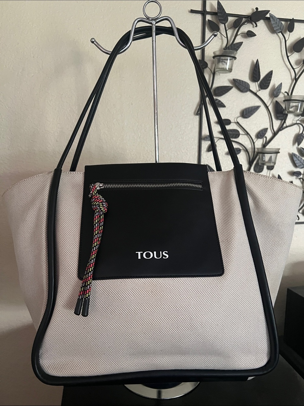 TOUS Beige and Black Tote with Front Pocket and Rope Detail